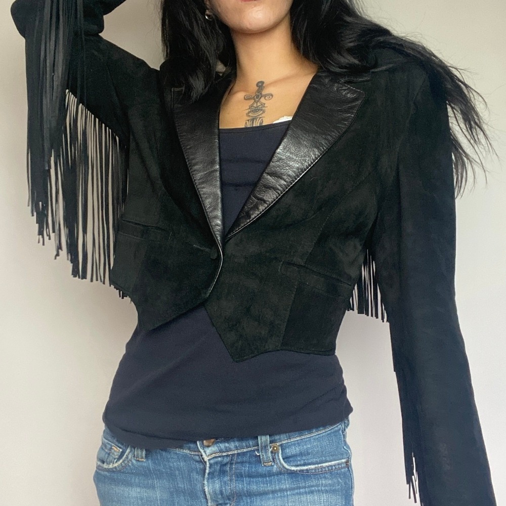 Vtg Diamond Leathers Made in USA Black Leather Suede Fringe Moto Jacket sz 14